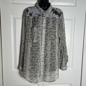 Fig And Flower Shirt Women‎ Large Beige Brown Animal Floral Print Sheer Whimsey